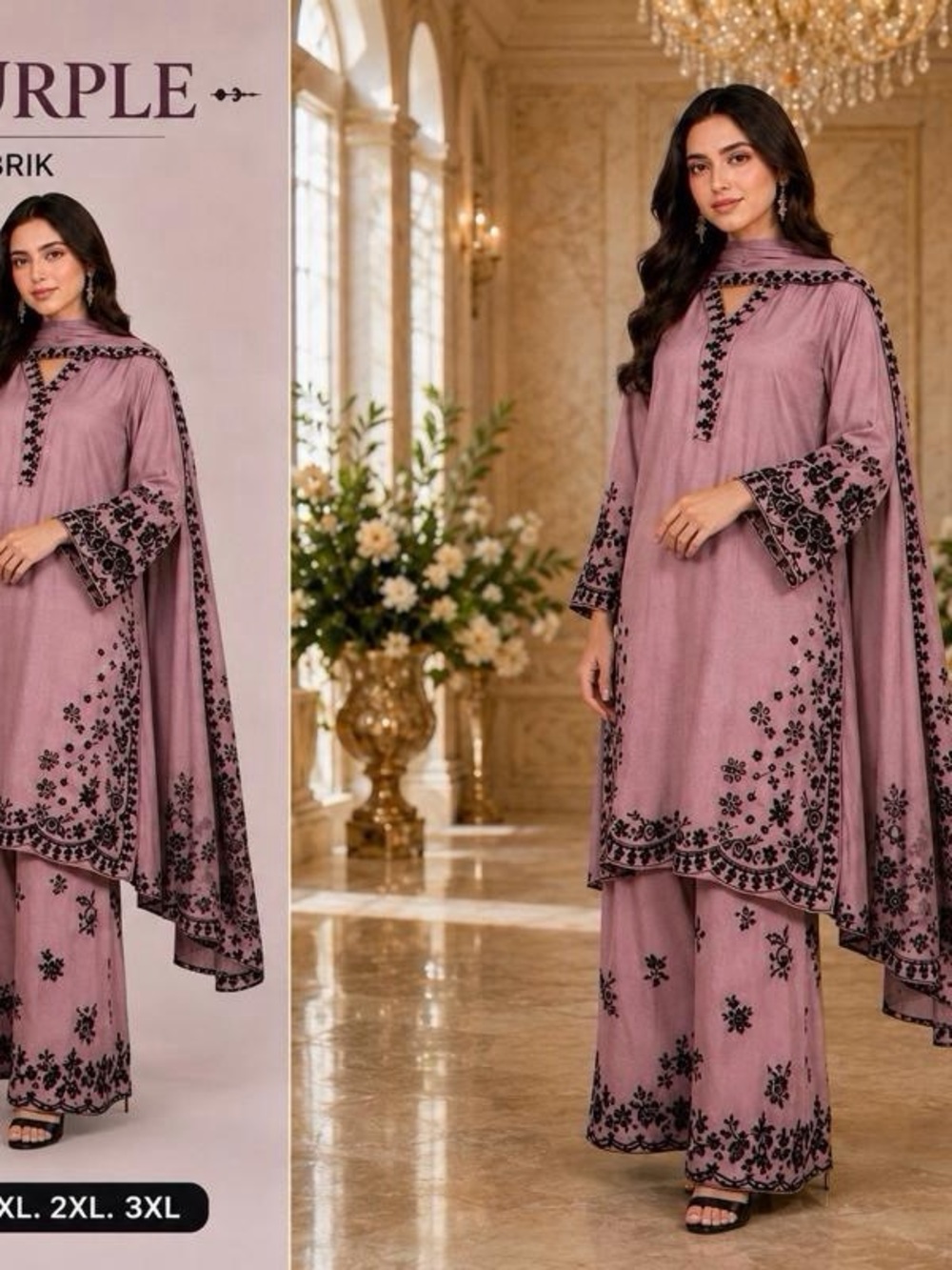 Light purple Satin Reon Fabric 3pcs Pakistan Suit Set, Lady's Formal Dress with